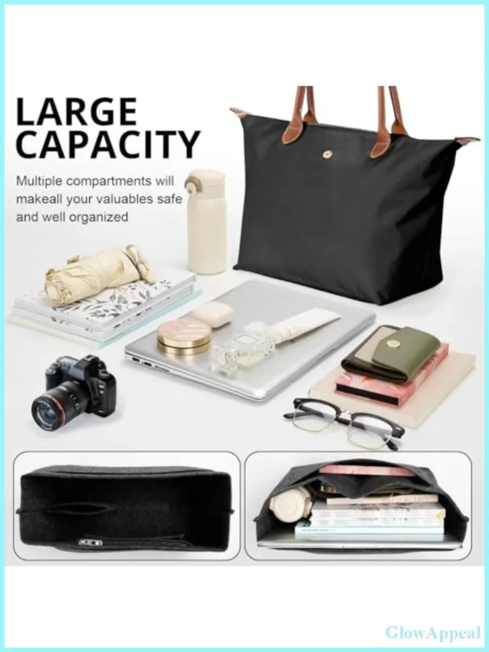 Nylon & Vegan Leather Tote Bag with 7 Pockets, Foldable Travel Work Bag
